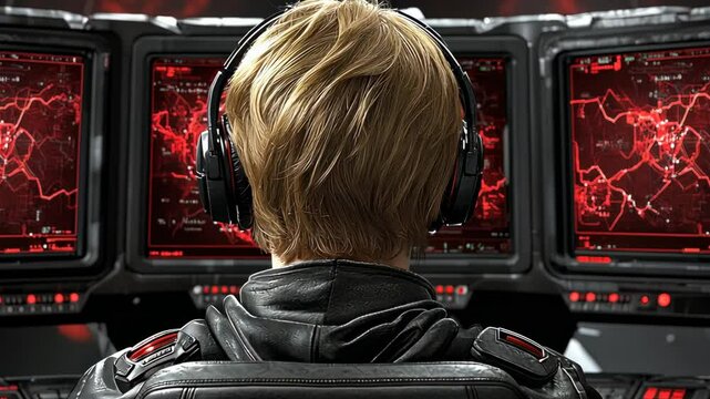 Person with Headphones Analyzing Data on Multiple Computer Screens