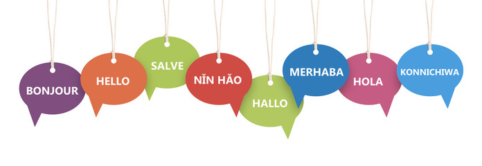 Paper speech bubbles with greetings in different languages hanging on white background. Banner design © New Africa