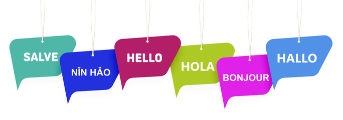 Paper speech bubbles with greetings in different languages hanging on white background. Banner design © New Africa
