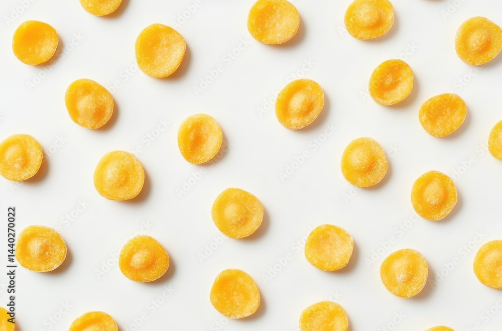 Poster array of small round yellow candy sweets on a clean white surface for background, pattern, and desig