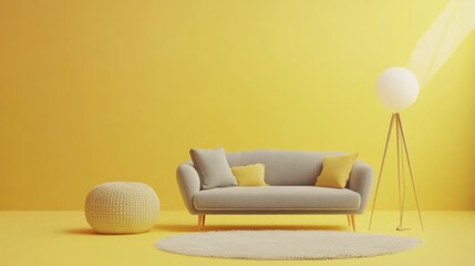 Yellow room, grey sofa, sunlit interior design