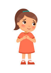 Embarrassed girl folded her hands in front of her chest, touching her fingertips.
Emotion concept of uncertainty or excitement.
Cute cartoon character.