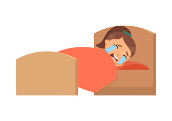 The girl lies in bed, covered with a blanket and cries bitterly. Her face expresses strong sadness or pain. Emotion concept of childhood depressionю
Cute cartoon character.
