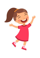 Joyful and energetic girl jumps or dances with her hands up, a wide smile and eyes closed with happiness.  Emotion concept of joy, freedom, childish carelessness.
Cartoon character illustration