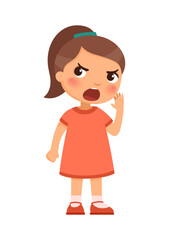 The girl looks angry or indignant, speaks loudly or screams, cheeks are red. Her left hand is raised to her face, and her right hand is clenched into a fist.
Illustration of a cartoon character