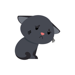 Сute black kitten with a sad expression on face.
Kitten sits with its tail tucked and slouches.
Emotion concept of sadness, loneliness or resentment.
Cartoon character illustration