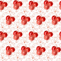 Watercolor seamless pattern with apples, pears framed
by calligraphic swirls and abstract contours
