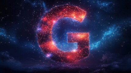 Abstract glowing letter G, digital art, on night sky background.