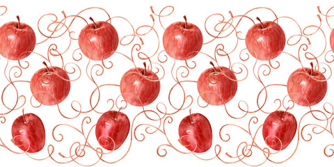 Watercolor seamless pattern with apples, pears framed
by calligraphic swirls and abstract contours