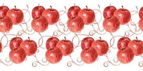Watercolor seamless pattern with apples, pears framed
by calligraphic swirls and abstract contours