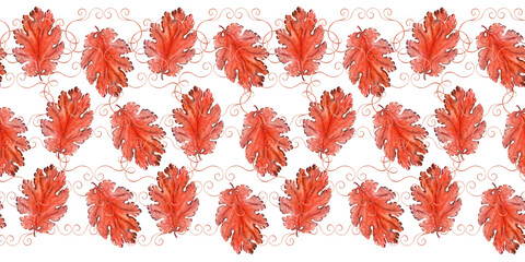 Watercolor seamless pattern with apples, pears framed
by calligraphic swirls and abstract contours