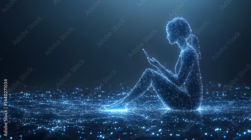 Poster a woman sits cross-legged in a blue, glowing digital world, absorbed in her smartphone. the futurist