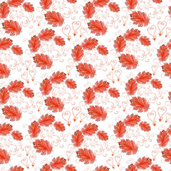 Watercolor seamless pattern with apples, pears framed
by calligraphic swirls and abstract contours