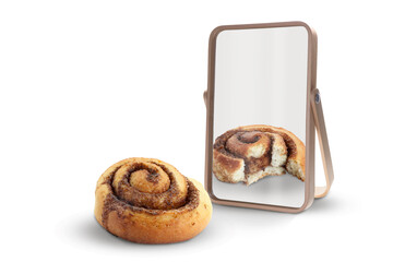 Whole cinnamon roll reflecting in mirror as bitten, white background. Opposite, contrast, difference