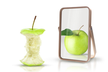 Almost eaten apple reflecting in mirror as whole, white background. Opposite, contrast, difference