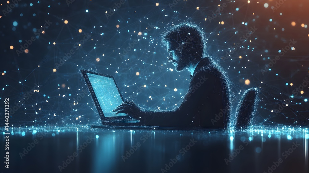 Poster futuristic digital depiction of a man using a laptop in a networked environment. the mesh-like struc