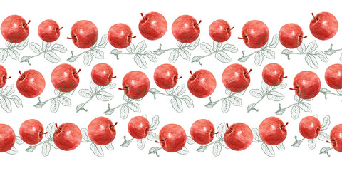 Watercolor seamless pattern with apples, pears framed
by calligraphic swirls and abstract contours