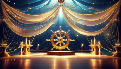 Elegant award ceremony stage featuring spring and nautical design elements with a grand ship's wheel at center