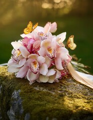 Dreamy bouquet featuring soft blush peonies and delicate butterfly orchids in a tranquil natural setting