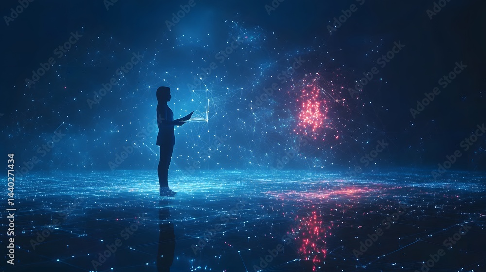 Leinwandbilder A silhouetted figure interacts with a glowing tablet in a mesmerizing digital world. Connected particles of blue and red create a network of light. Abstract wireframe in dark blue.