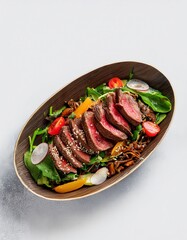 Deliciously arranged Chinese style mixed salad with tender beef and fresh vegetables in an oval bowl