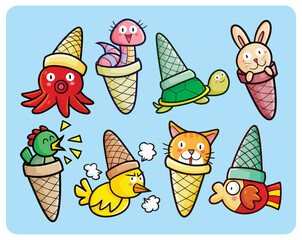 Funny and cute happy animals in ice cream cone illustration set