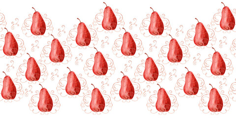 Watercolor seamless pattern with apples, pears framed
by calligraphic swirls and abstract contours
