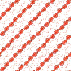 Watercolor seamless pattern with apples, pears framed
by calligraphic swirls and abstract contours