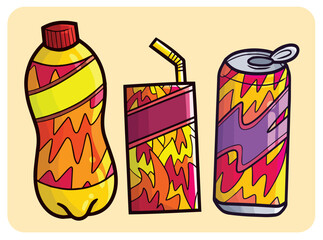 Funny Beverage bottle packaging with fire theme cartoon illustration set