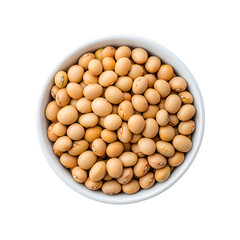 White bowl of soybeans, top view, isolated on white background