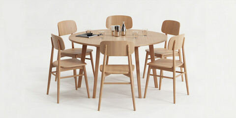 Modern Light Wood Dining Table Set with Six Chairs and Minimalist Decor