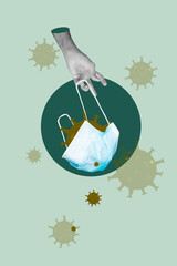 Pop image sketch 3d collage poster of hand hold protection mask epidemic fly microbe virus...