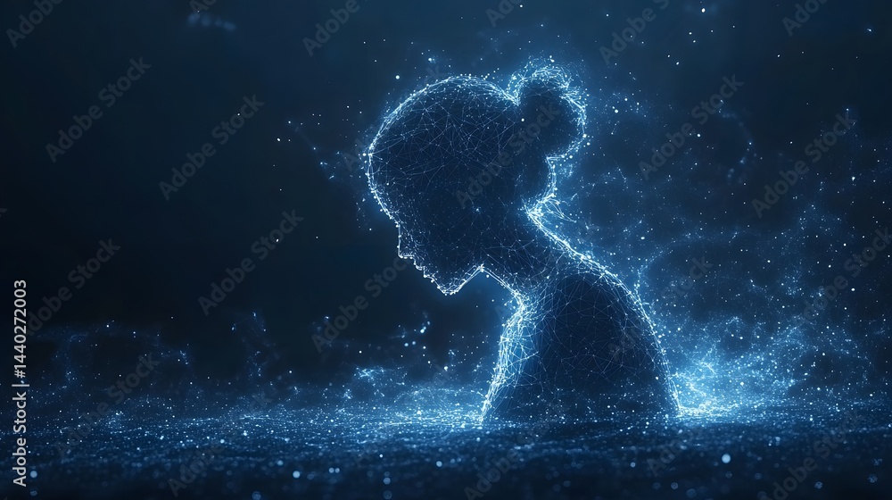 Poster ethereal, luminous blue woman rendered in interconnected points and lines, emerging from a shimmerin