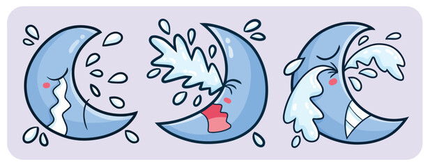 Cute and funny sad moon cartoon character set