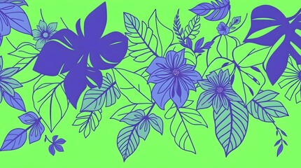 Fototapeta premium illustration of tropical plant line art with floral pattern on a green background