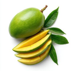 Green mango with slices isolated on white background