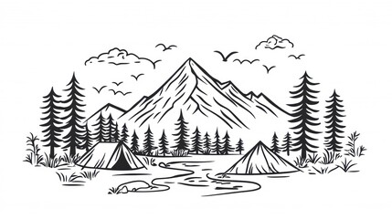 Mountain camping sketch, birds flying, river
