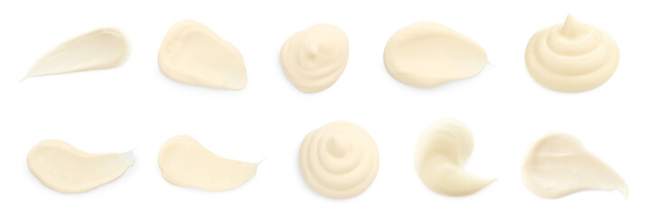 Delicious mayonnaise sauce isolated on white, set