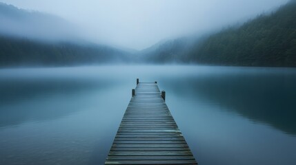 Fototapeta premium Misty Lake Serenity: A Wooden Dock Extending into the Fog