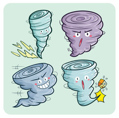 Cute and funny tornado cartoon characters illustration set