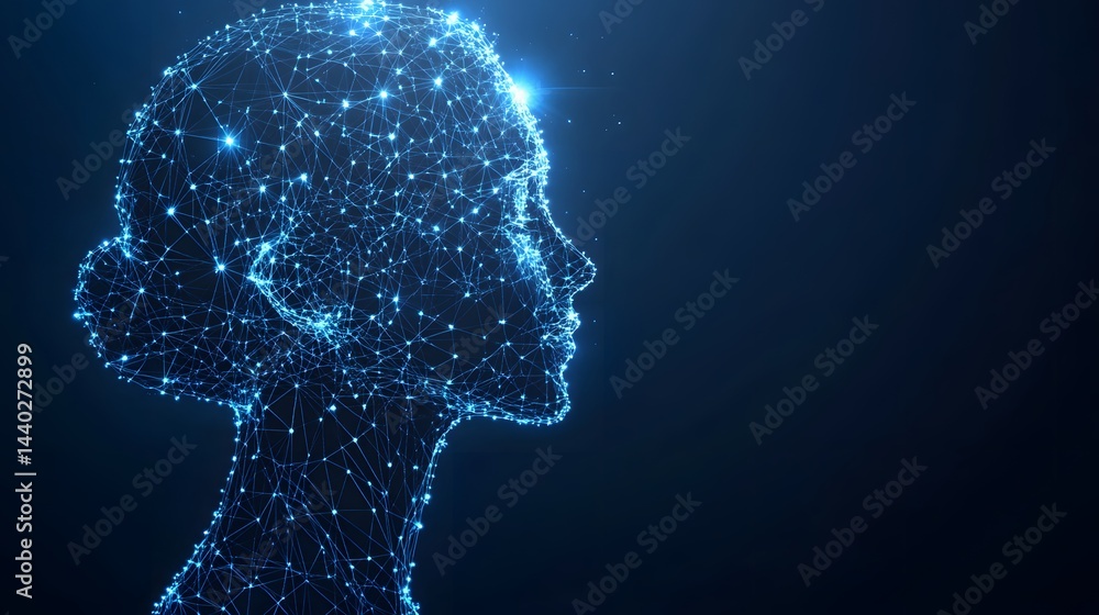 Leinwandbilder futuristic profile of a human head crafted from interconnected blue lines and glowing nodes against 