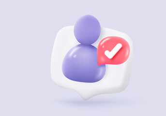 3d user profile icon or social avatar signs and business communication staff person. Identity verification success with checkmark. 3d round account manager button icon vector render illustration