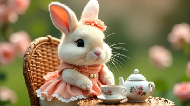 Cute bunny drinks a tea in the spring garden