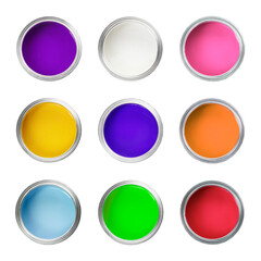 Paints of different bright colors in cans isolated on white, set. Top view