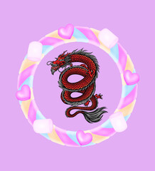 a dragon trapped in a circle of candy