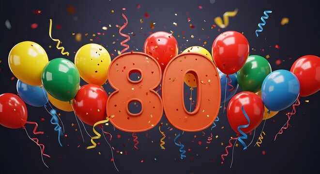 Celebrating 80th Birthday with Colorful Balloons and Festive Confetti