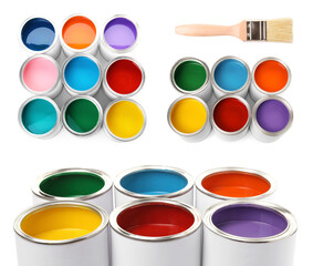 Paints of different bright colors in cans and brush isolated on white, collage