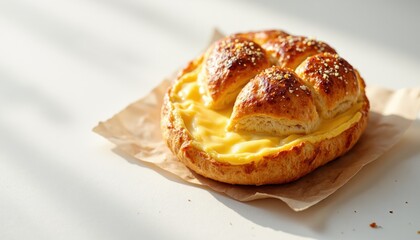 Delicious creamy custard bun bakery food photography bright environment close-up view (gigapixelstandard) delight