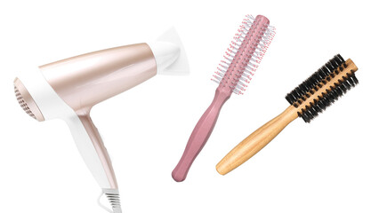 Hair dryer and round brushes in air on white background, collage