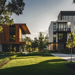 Modern Apartments with Sunset, and Green Lawn.